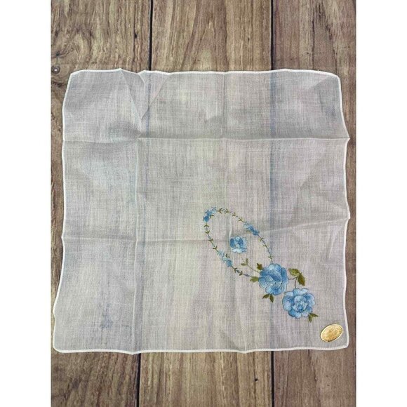 Vintage Handkerchief Embroidered Blue Flowers Switzerland Hankie Wedding - Picture 3 of 5